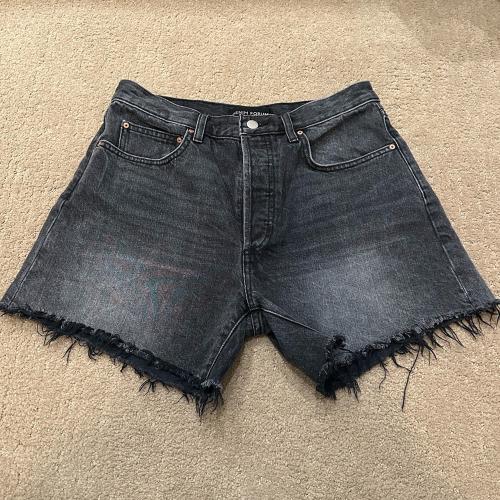 Denim Forum Black Washed High-Rise Distressed Jean Shorts